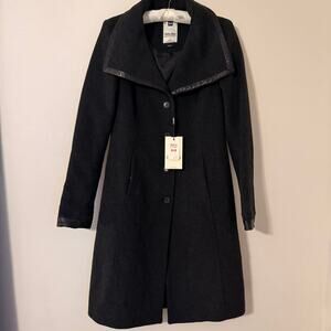 NWT Soia & Kyo Wool Blend Longline Faux Leather Trim Peacoat Button Front Sz Med